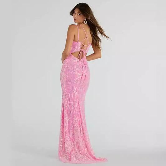 2025 popular new lace-up mermaid sequin dress spring and summer vacation casual medium and long dress