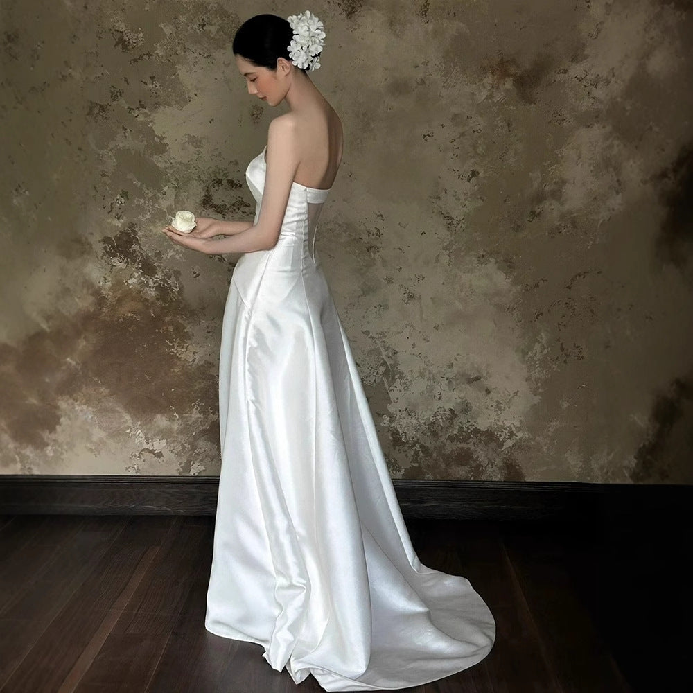 2025 tube top light wedding dress simple and high-end satin Mori bride going out yarn white engagement dress dress