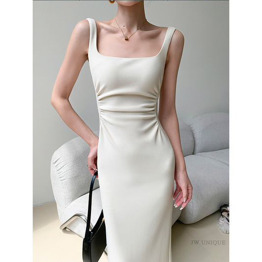 2025 Temperament white suspender dress slim-fitting summer new square collar  waist niche long skirt women's clothing