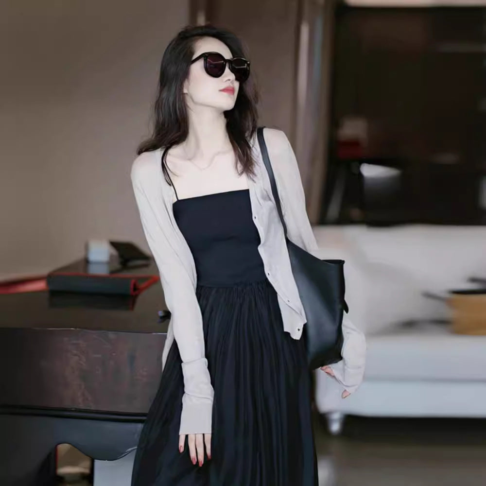 Ice silk knitted cardigan women's 2025 summer with suspender skirt shirt long-sleeved thin shawl air-conditioned shirt jacket