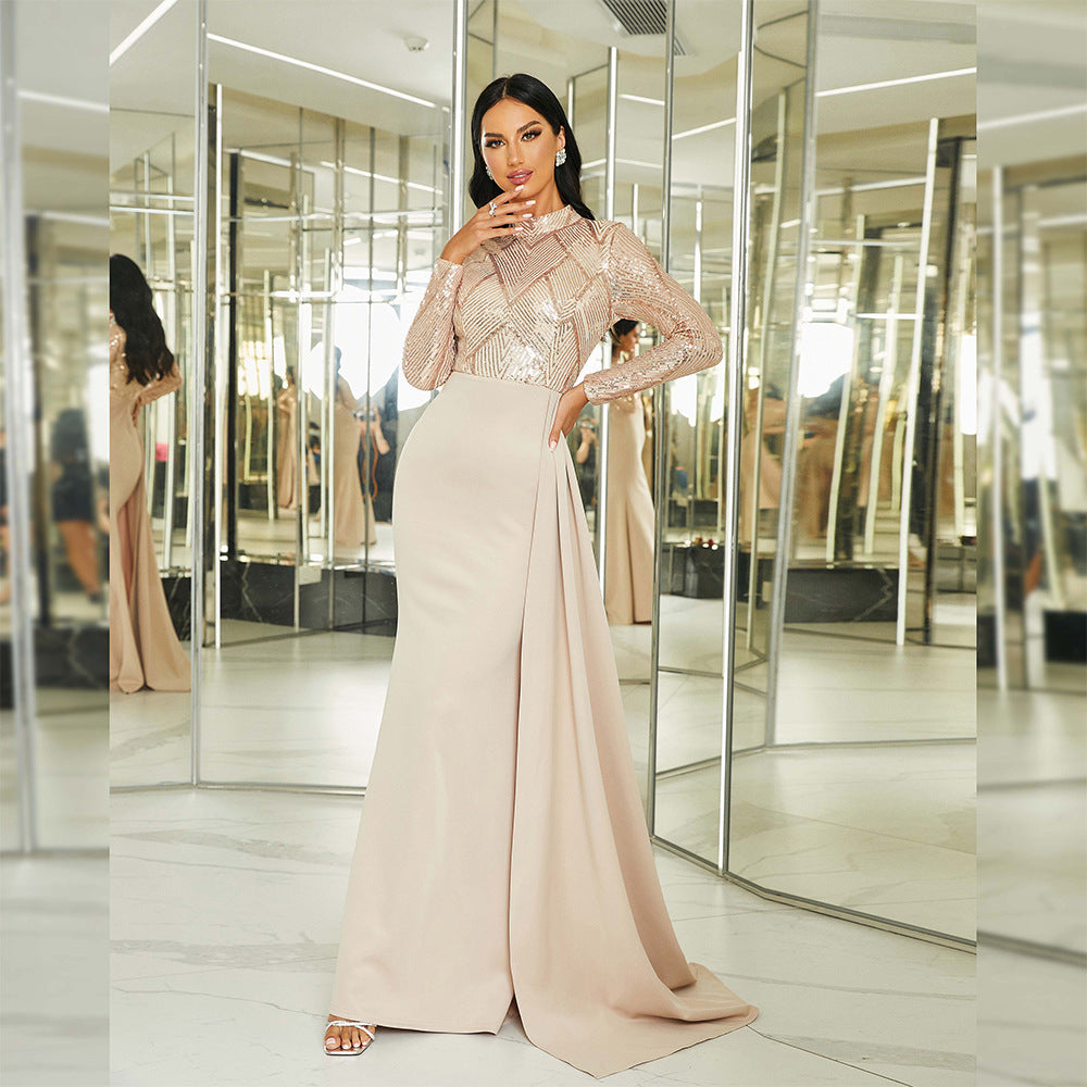 2025 temperament sexy long sequins long sleeves crew neck banquet evening dress bridesmaid dress women