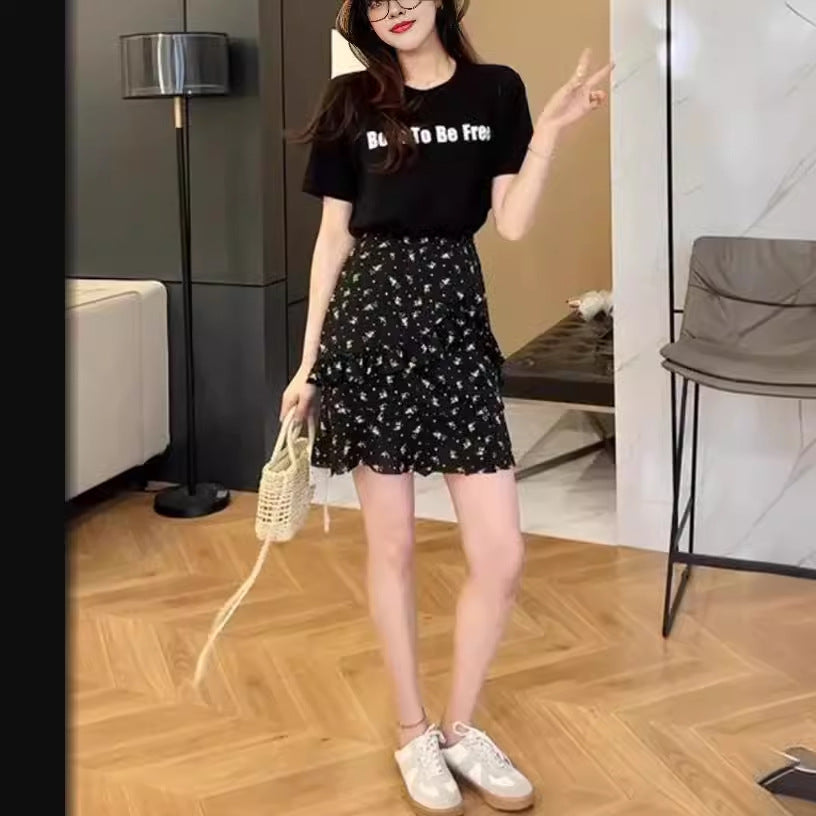2025 This year's popular temperament summer night flower language dress~ fake two slit and thin waist and shoulder dress