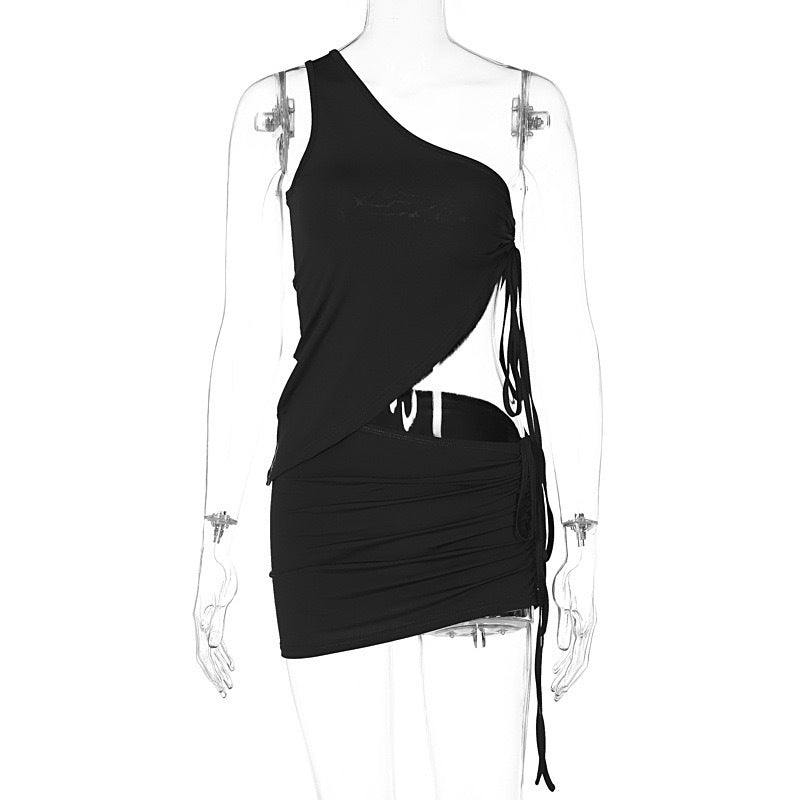 BENPAOLV Cross-border 2025 trade 2025 style niche fashion summer suit single shoulder design vest wrinkled skirt two-piece set women