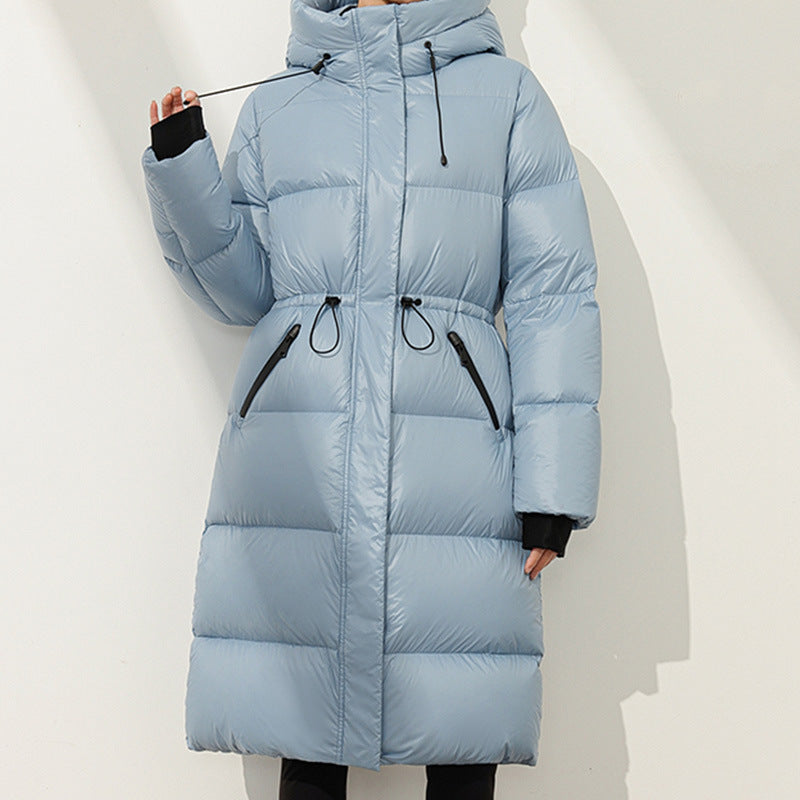 2025 90% white goose down winter new glossy thickened cold-resistant slim waist medium and long down jacket women's warm jacket