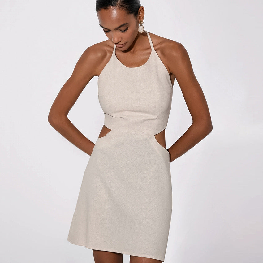 2025 Spring and summer cotton and linen vacation style new neck hollow backless dress popular  fashion New wholesale women's clothing