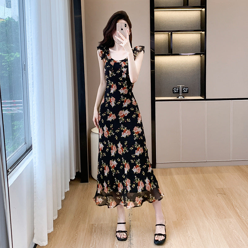 2025 Black Xiaofei Sleeve Slim Flower Dress Women's Summer New Vacation Style  Retro Dress Women's Clothing