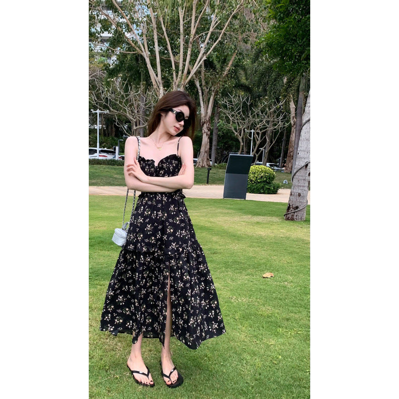 2025 summer new black floral dress women's high-end temperament coffee break skirt split suspender skirt long skirt