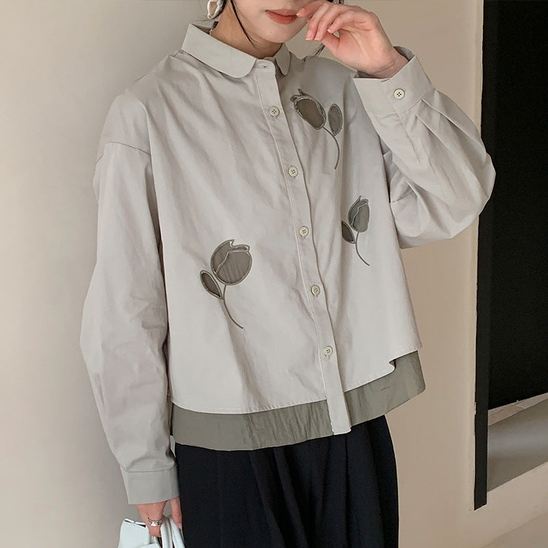 Cotton cocoon, double-layer hollow shirt women's long-sleeved  summer new tulip lapel long-sleeved top shirt