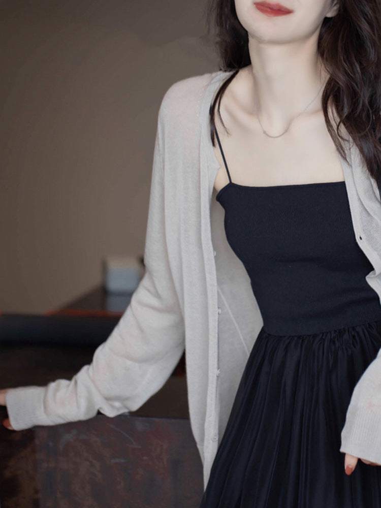 Ice silk knitted cardigan women's 2025 summer with suspender skirt shirt long-sleeved thin shawl air-conditioned shirt jacket