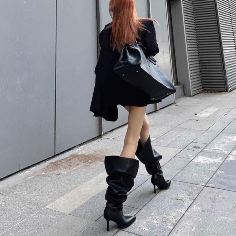 2025  Super large tube circumference high-heeled boots 2025 spice girls pointed-toed thin heels over the knee wide tube boots stacking boots