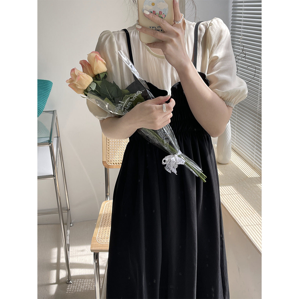 2025 [60% off for summer clearance] Spring solid color dress women's  retro medium and long round neck fake two pieces, thin A word