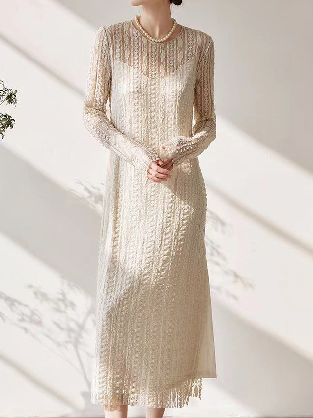 2025 Literary and retro niche crocheted lace hollow knitted dress round neck loose side split skirt