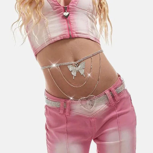 MW3071 2025 waist chain rhinestone inlaid butterfly pendant double layer wave fringed chain waist chain waist decoration