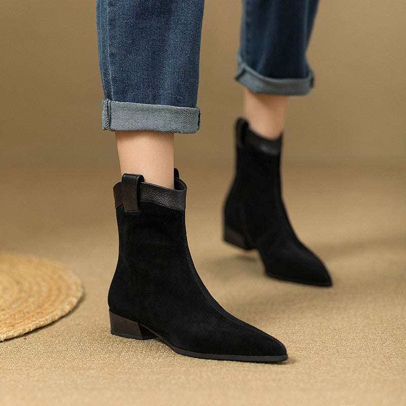 2025 Soft Vintage Western Cowboy Boots Women's Coarse Heel Short Boots Winter Frosted Pointed Chelsea Boots