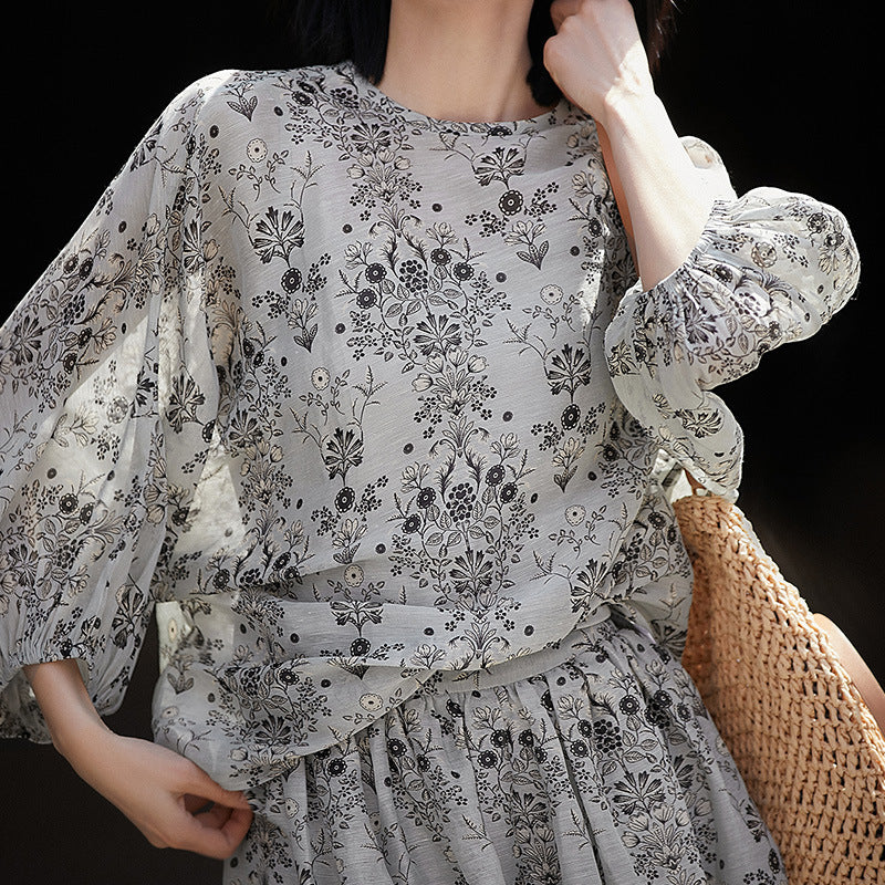 2025 Flax + mulberry silk shirt skirt silk linen set, high-end floral silk skirt two-piece women's clothing
