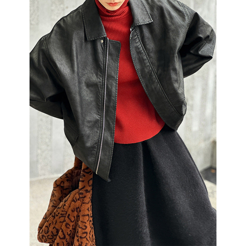 2025 popular winter new retro washed solid color leather jacket PU jacket windproof fashion short coat 3215-1