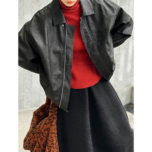 2025 popular winter new retro washed solid color leather jacket PU jacket windproof fashion short coat 3215-1