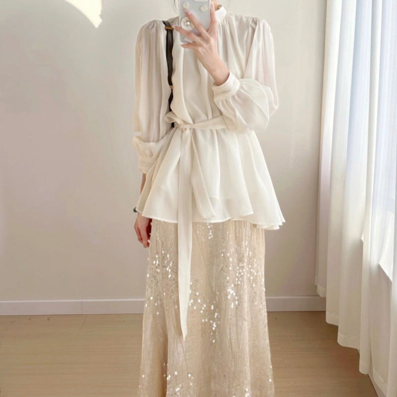 2025 temperament waist thin pleated shirt + design high waist heavy industry sequined skirt two-piece set