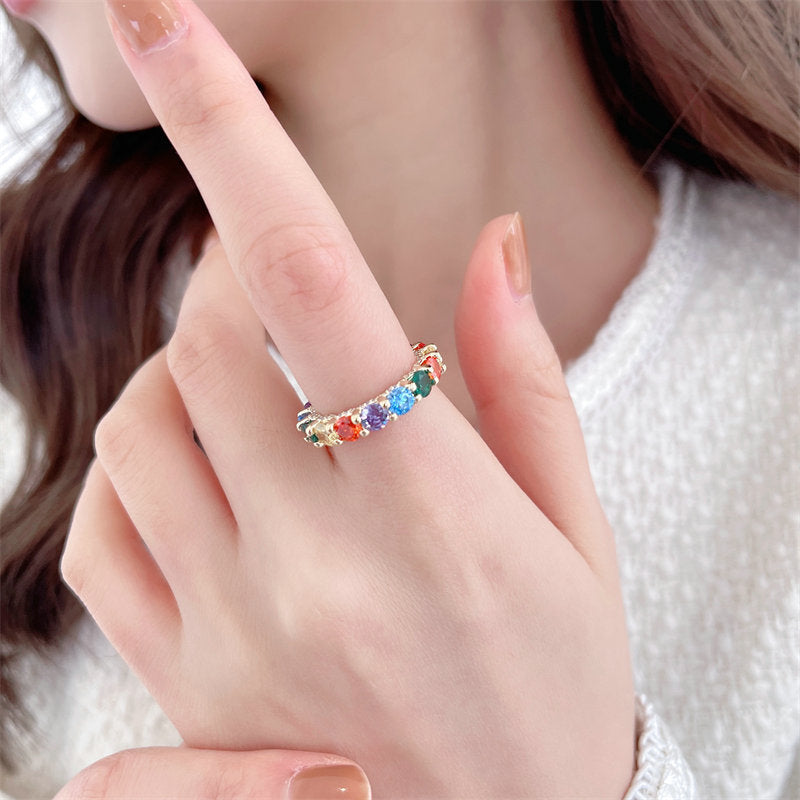2025 New colorful copper inlaid zircon jewelry ring tide niche light luxury design high-end candy color rainbow ring