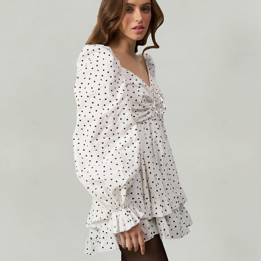 2025 Mysterious and sexy design sense of love cotton and linen printing V-neck long-sleeved dress summer  fashion drawstring skirt