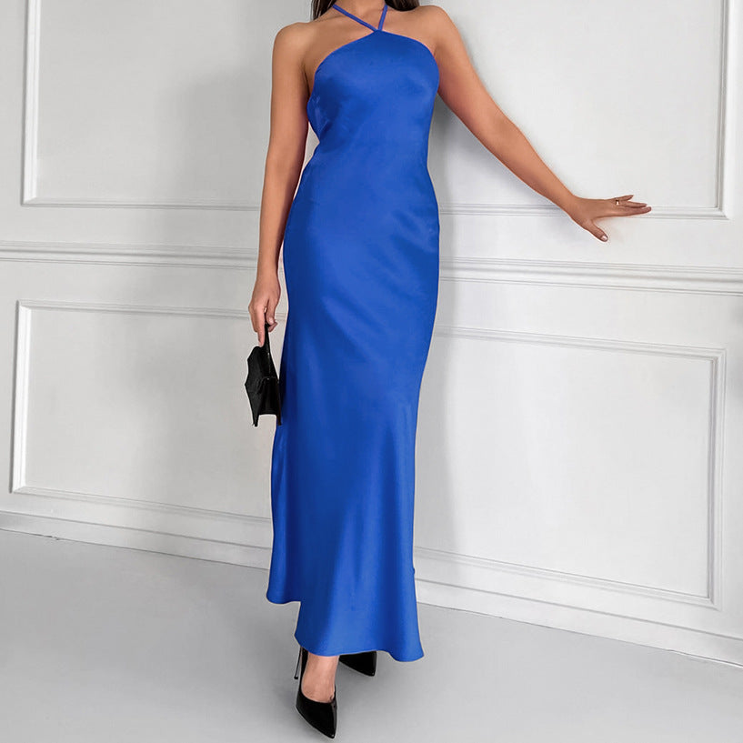 2025 Sexy sleeveless neck high waist satin dress small dress fishtail dress popular  fashion new long dress women
