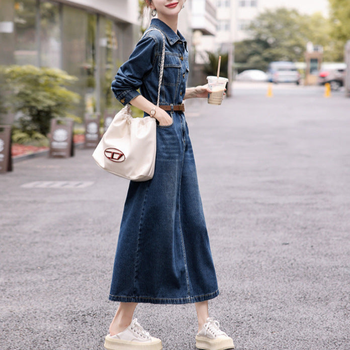 2025 spring new waist thin split denim dress women's spring and autumn long dress Popularan denim skirt children