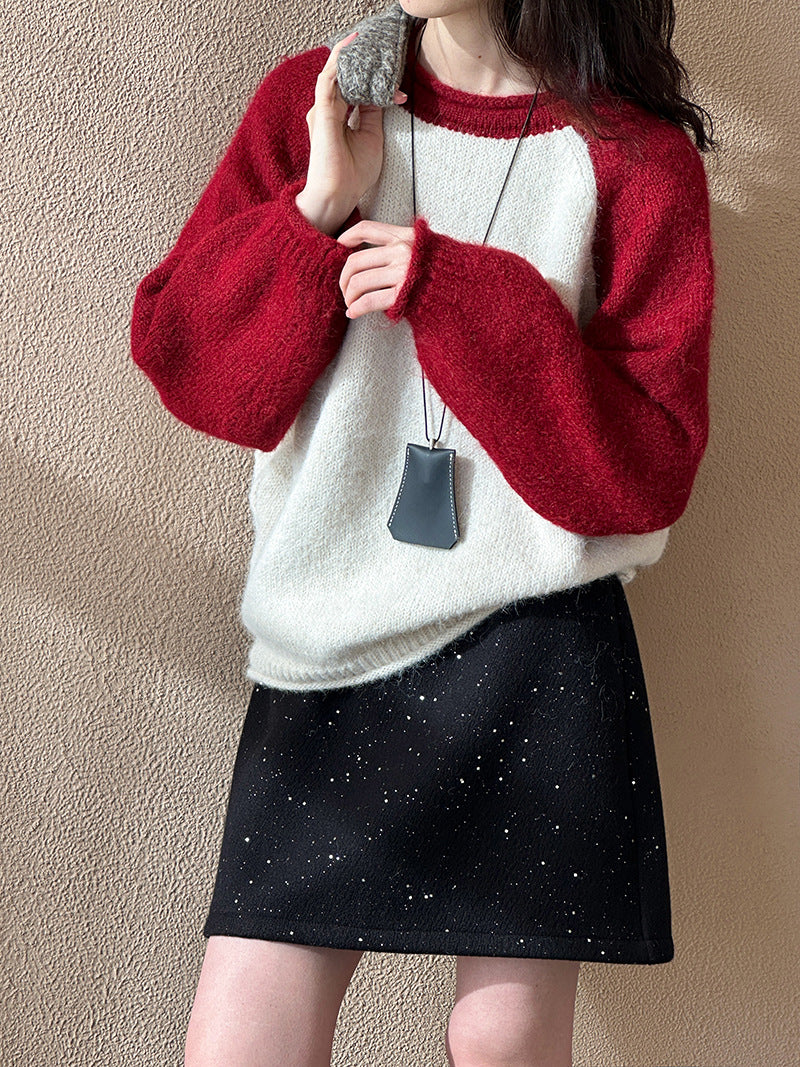 2025 popular autumn and winter new Korean design sense lazy wind round neck shoulder sleeve color matching knitted sweater 2465