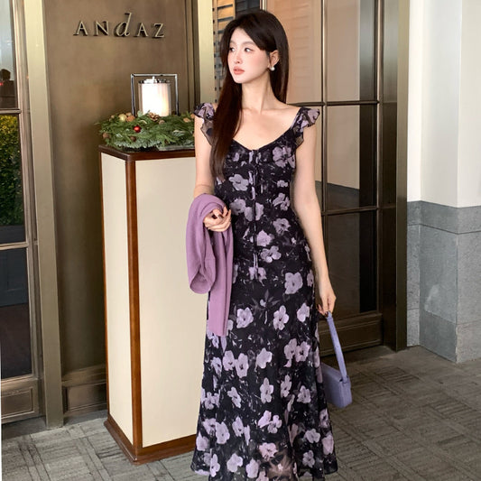 2025 Thirteen Lines  Spring New Retro Temperament Printing Pure Desire High Waist Suspender Dress Women 88250