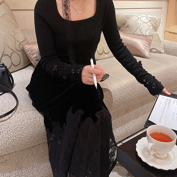 2025 Spot high-end black imitation silk velvet lace embroidered skirt women's autumn and winter new elegant temperament dress
