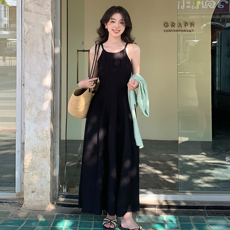 2025 spring new Korean version high waist elegant suspender dress round neck solid color pure desire skirt 88232