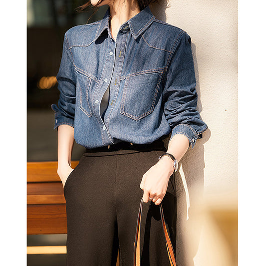 2025 Eco-friendly washing water, retro denim shirt, textured shirt  spring new women's clothing long-sleeved women's tops summer