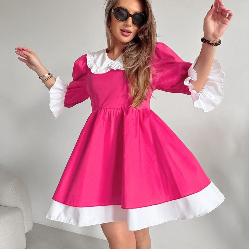 2025 Fashion temperament contrasting colors loose V-neck bubble sleeves five-quarter sleeves mid-waist tutu skirt versatile summer dress women