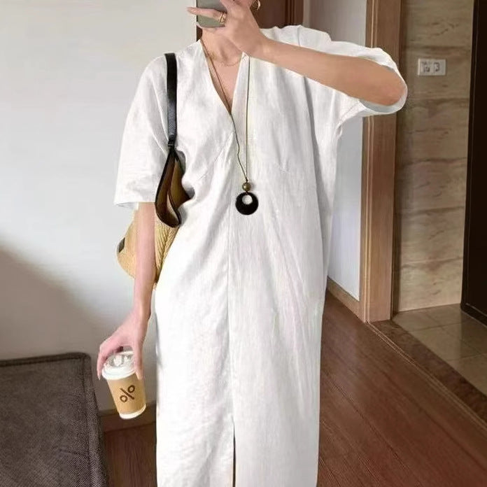 Linen midsummer dress long dress v-neck temperament dress children's spring simple style new Chinese style wear