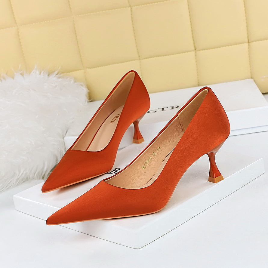 2025 1961-6 Korean version of spring and autumn fashion simple and versatile high heels wine glass heel high heel light mouth pointed satin single shoes women