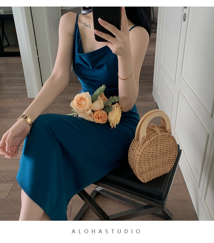 2025 Satin suspender dress spring dress women's  new swinging collar sexy spice girl split hip wrap long dress women's clothing