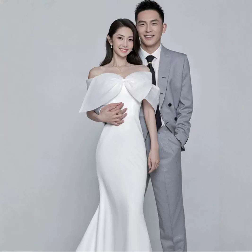 2025 light wedding dress bow shoulder high-end dress simple travel photography super fairy fish tail Korean welcome door dress
