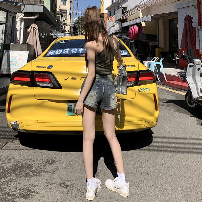 2025 Retro denim shorts women's new high-waisted A-word legs long n Spice Girls super short hot pants in the summer of popular