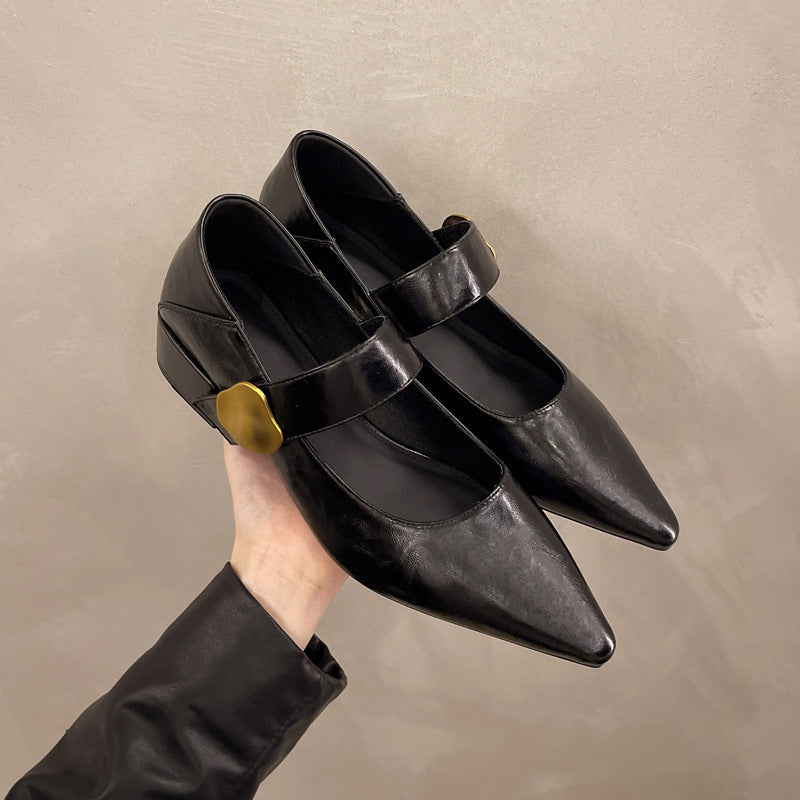 2025 thick heel Velcro shallow mouth single shoes women's popular autumn new pointed versatile Mary Jane shoes
