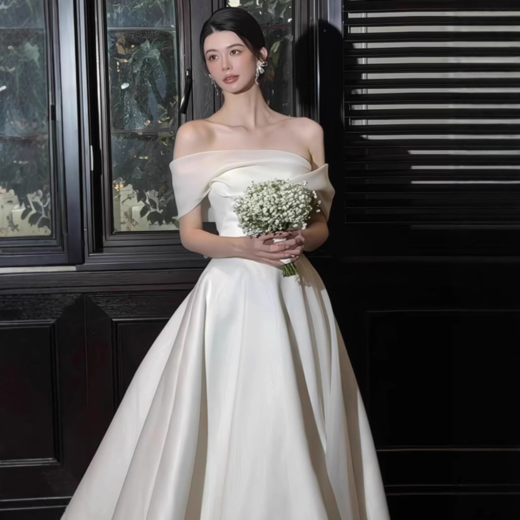 2025 one-word shoulder light wedding dress simple light luxury high-end bride Mori super fairy dress trailing to welcome guests out of the house
