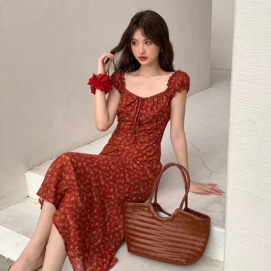 2025 Thirteen Lines  Spring and Summer New Temperament Printed Retro High Waist Short Sleeve Dress Children 88033