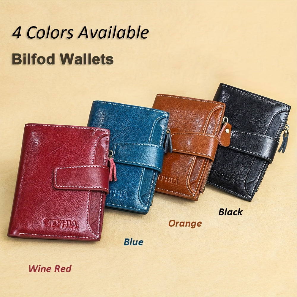 Genuine Leather Short Wallet, RFID Blocking Protection Card Holder, Multi Card Foldable Coin Purse With Buckle