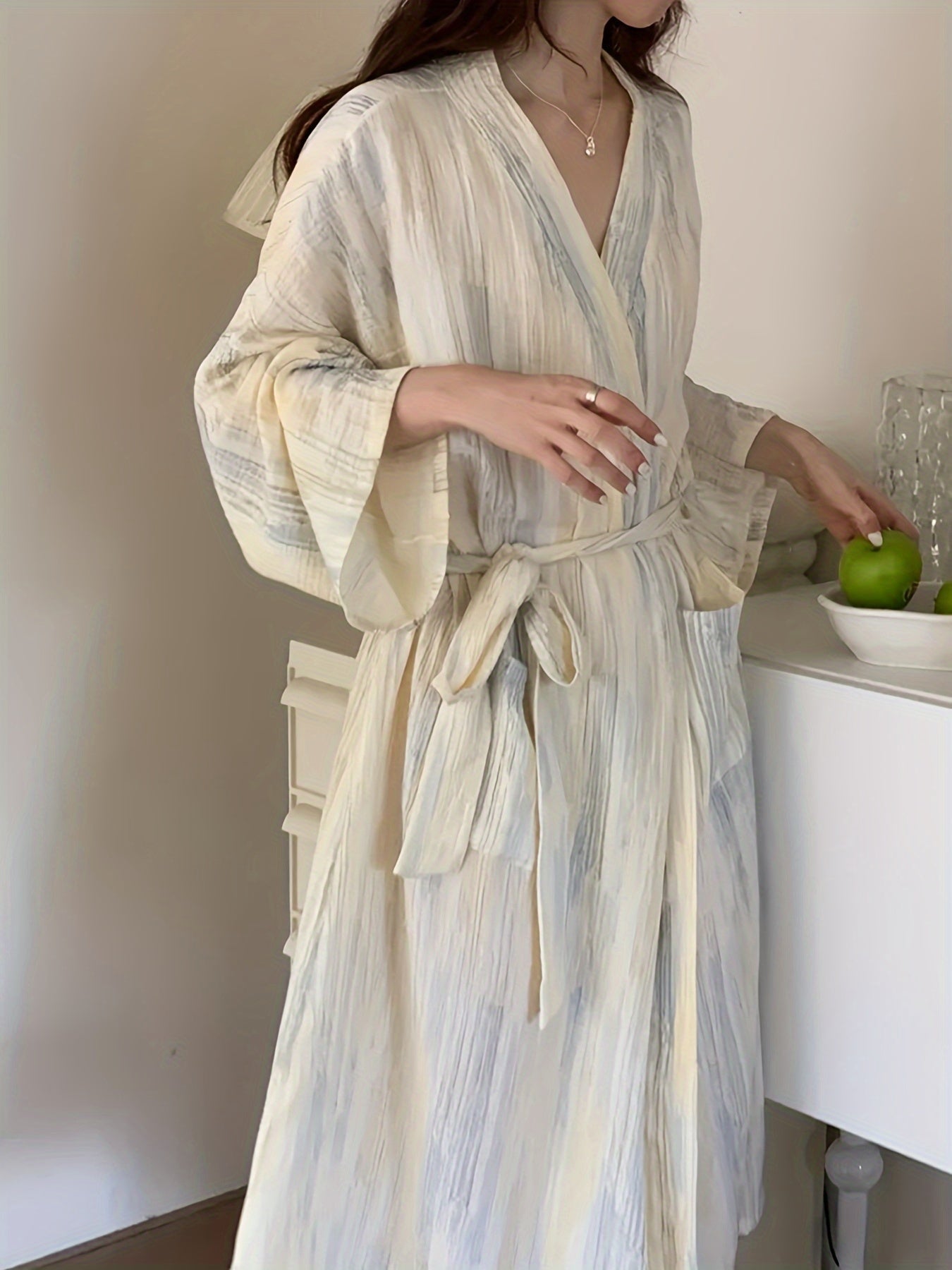 Ombre Stripe Print Loose Fit Night Robe, Long Sleeve V Neck Pocketed Robe With Belt, Women's Sleepwear & Dresses