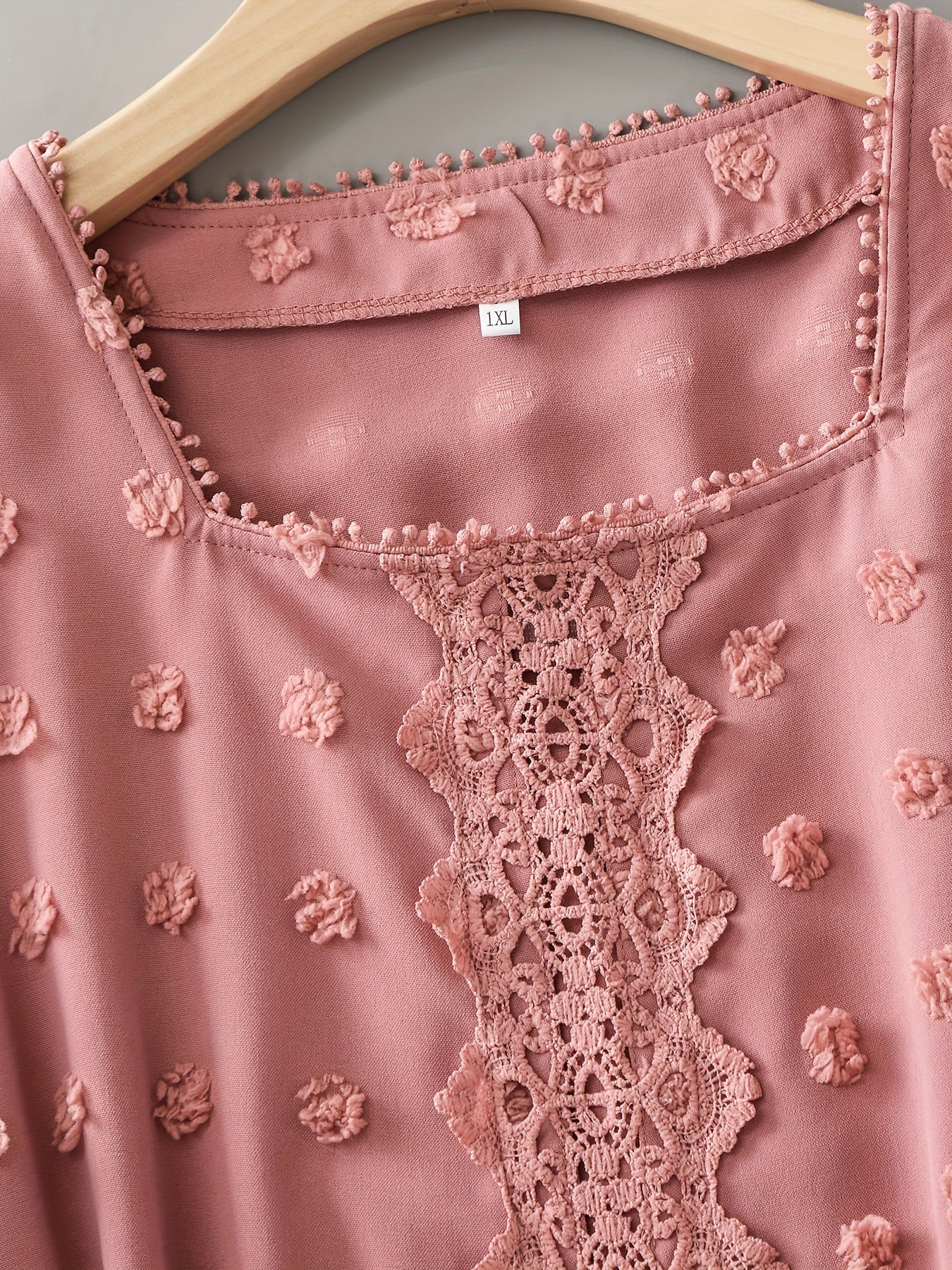 Plus Size Elegant Square Neck Long Sleeve Solid Color Polyester Blouse with Lace Stitching Pompom Details - Chic and Comfortable Non-Stretch Woven Top for Summer - Womens Stylish Clothing for Spring and Summer Seasons