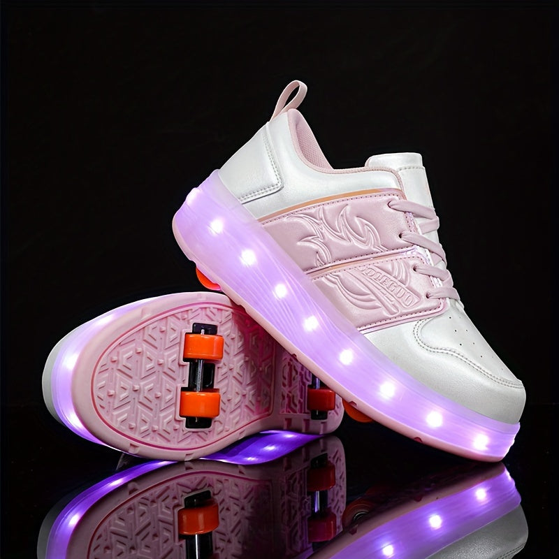 LED-Illuminated Skate Sneakers for Kids - Plaid Low Top Lace-Up Sports Shoes with Removable Skating Rollers, Abrasion-Resistant, All-Season Casual and Hiking Footwear for Boys and Girls, Hand Washable, with Fabric Inner and Insole, PU Upper, and TPR Sole