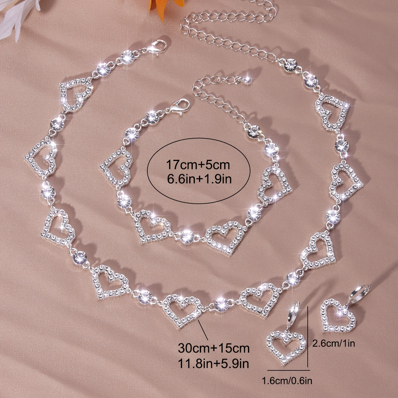 Valentine's Glitzy Vintage Rhinestone Heart Jewelry Set - Silver Plated, Adjustable Necklace, Earrings & Bracelet