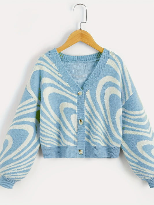 Fancy Heart Jacquard Knit Cardigan For Girls, Long Sleeve Button V Neck Sweater Coat Spring/ Fall Outerwear