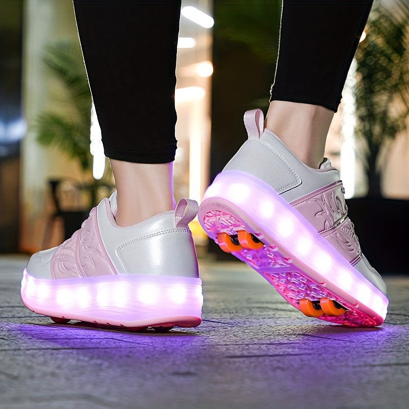 LED-Illuminated Skate Sneakers for Kids - Plaid Low Top Lace-Up Sports Shoes with Removable Skating Rollers, Abrasion-Resistant, All-Season Casual and Hiking Footwear for Boys and Girls, Hand Washable, with Fabric Inner and Insole, PU Upper, and TPR Sole