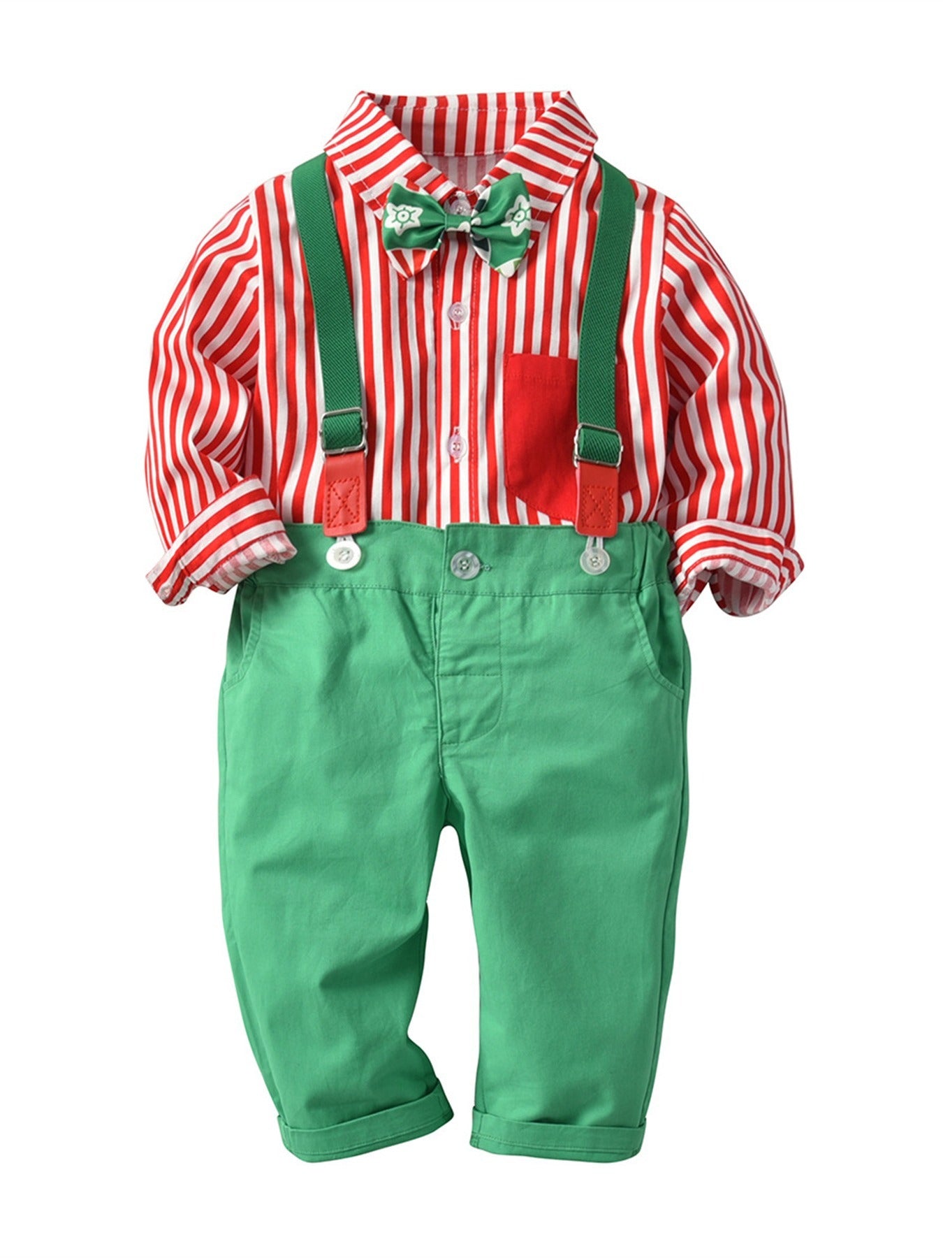 Boy's Christmas Striped Print Bow Tie Gentleman Overalls Set For Daily & Outdoor Wear