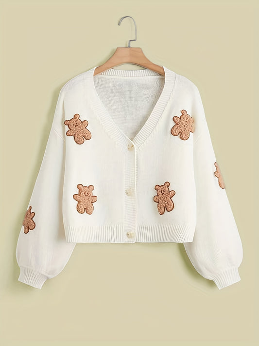 Adorable Bear Embroidered Knitted Cardigan Sweater - Cozy Drop Shoulder Design for Stylish Kid/Teen Girls - Perfect Warm Casual Wear for Fall/Winter