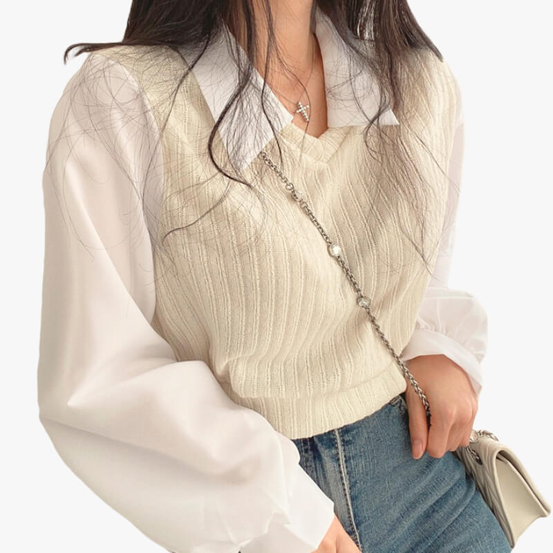 benpaolv Light Academia White Shirt With Retro Knitted Vest
